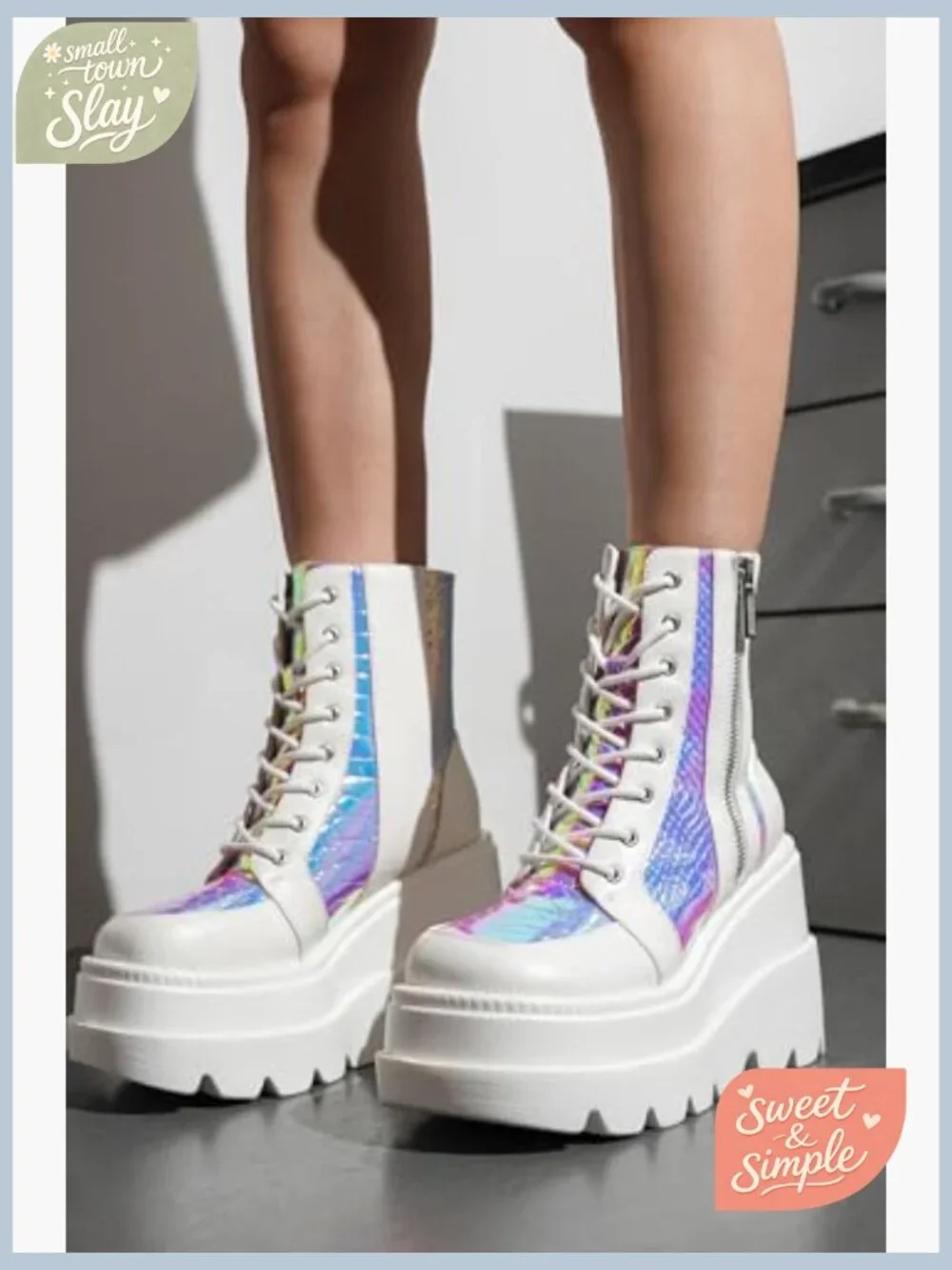 Holographic Platform Ankle Boots Chunky Heel Lace Up Zipper - Picture 2 of 7